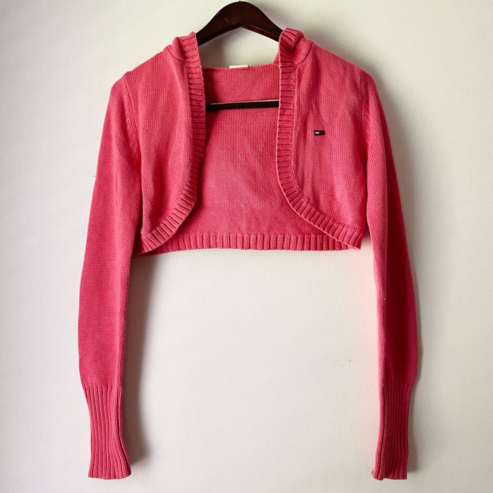 Tommy Hilfiger Women’s Y2K Pink Cropped Knit Shrug Hoodie Sweater Size XS-M Rare